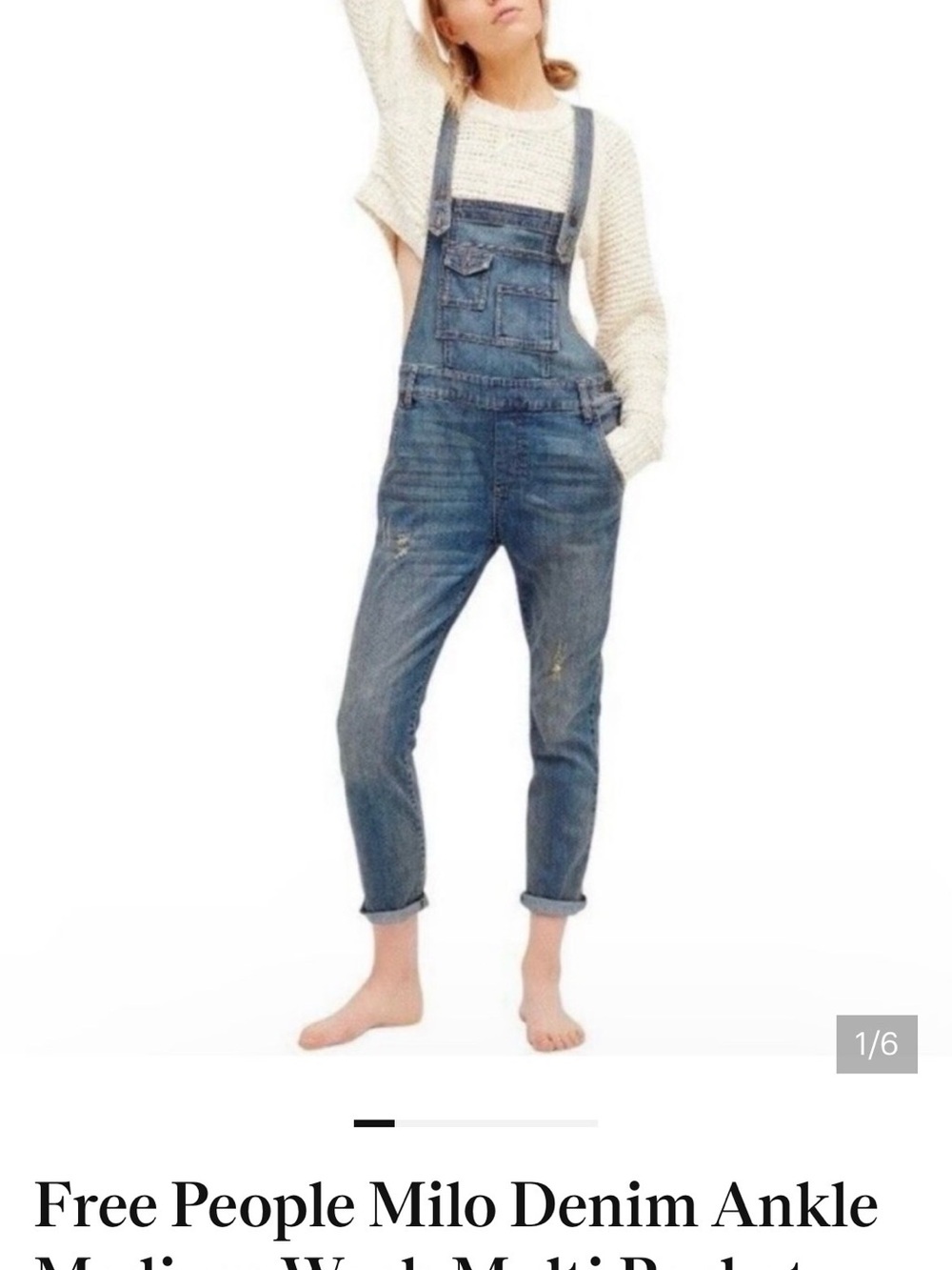 Free People Medium Blue Denim Milo Ankle Overalls, 28